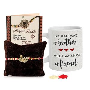 tied ribbons rakhi for brother with gift set | printed coffee mug (10 oz) | mini card | roli chawal packet - raksha bandhan rakhi gifts for brother rakhi set for brother | bhai rakhi thread