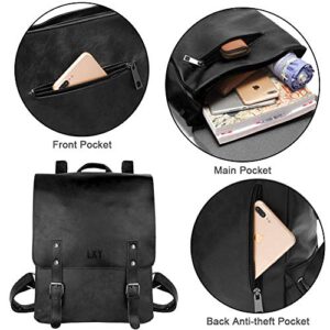 LXY Vegan Leather Backpack Vintage Laptop Bookbag for Women Men, Black Faux Leather Backpack Purse Bookbag Weekend Travel Daypack