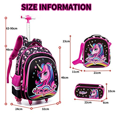 Unicorn Backpacks Trolley Bag Set for Girls, Primary School Bag Wheeled Backpack with Lunch Bag Pencil case Ideal for 1-6 Grade Students