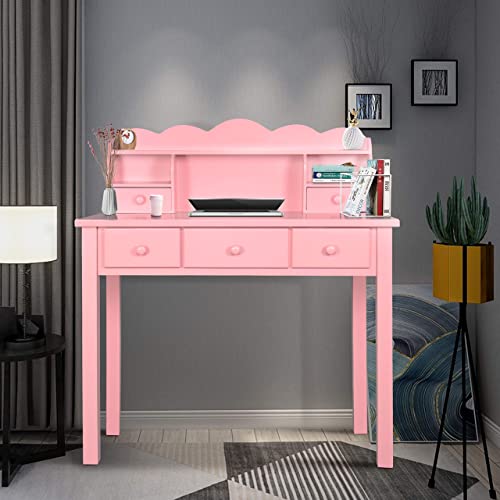 FUNKOCO Home Office Furniture Writing Desk,Computer Work Station with Detachable Hutch,5 Drawers(Pink)