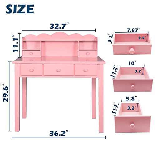 FUNKOCO Home Office Furniture Writing Desk,Computer Work Station with Detachable Hutch,5 Drawers(Pink)