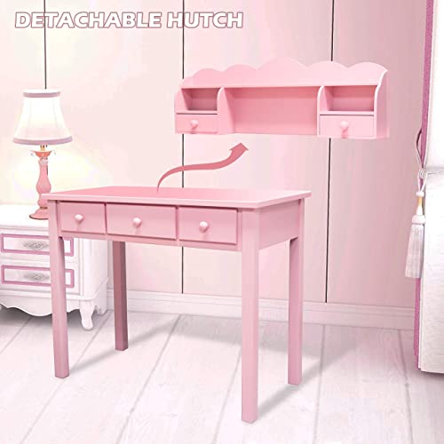 FUNKOCO Home Office Furniture Writing Desk,Computer Work Station with Detachable Hutch,5 Drawers(Pink)