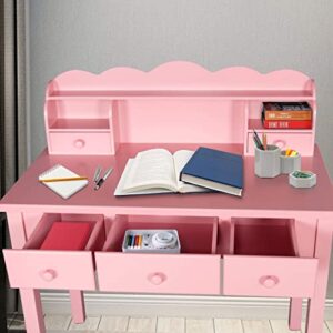 FUNKOCO Home Office Furniture Writing Desk,Computer Work Station with Detachable Hutch,5 Drawers(Pink)