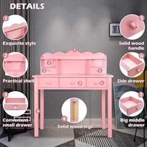 FUNKOCO Home Office Furniture Writing Desk,Computer Work Station with Detachable Hutch,5 Drawers(Pink)