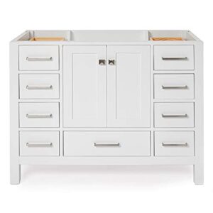 ariel 42" white bathroom vanity base cabinet, single sink configuration, 2 soft closing doors, 9 full extension dovetail drawers, brushed nickel