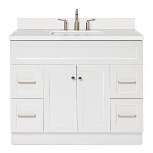 ariel 43" white bathroom vanity with 1.5" edge pure white quartz countertop & splash, rectangular sink, 2 soft closing doors, 4 full extension dovetail drawers, built in toe kick, brushed nickel