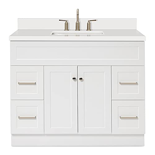 ARIEL 43" White Bathroom Vanity with 1.5" Edge Pure White Quartz Countertop & Splash, Rectangular Sink, 2 Soft Closing Doors, 4 Full Extension Dovetail Drawers, Built in Toe Kick, Brushed Nickel