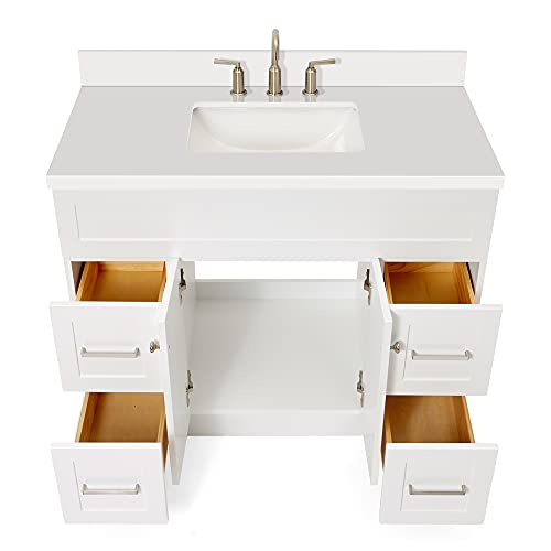 ARIEL 43" White Bathroom Vanity with 1.5" Edge Pure White Quartz Countertop & Splash, Rectangular Sink, 2 Soft Closing Doors, 4 Full Extension Dovetail Drawers, Built in Toe Kick, Brushed Nickel