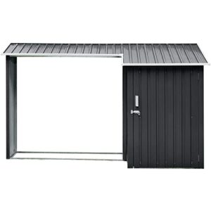 hanover 2-in-1 multi-use dark gray outdoor metal and steel single door shed with firewood storage compartment up to 42 cu.ft. rust, corrosion and uv resistant, raised base and sloped roof design