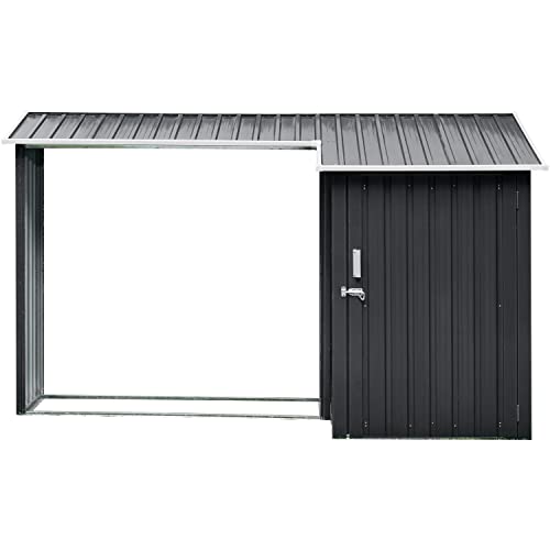 Hanover 2-in-1 Multi-Use Dark Gray Outdoor Metal and Steel Single Door Shed with Firewood Storage Compartment up to 42 Cu.Ft. Rust, Corrosion and UV Resistant, Raised Base and Sloped Roof Design