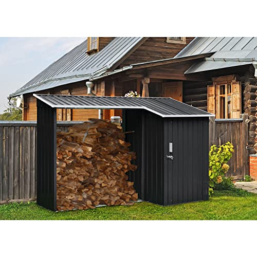 Hanover 2-in-1 Multi-Use Dark Gray Outdoor Metal and Steel Single Door Shed with Firewood Storage Compartment up to 42 Cu.Ft. Rust, Corrosion and UV Resistant, Raised Base and Sloped Roof Design