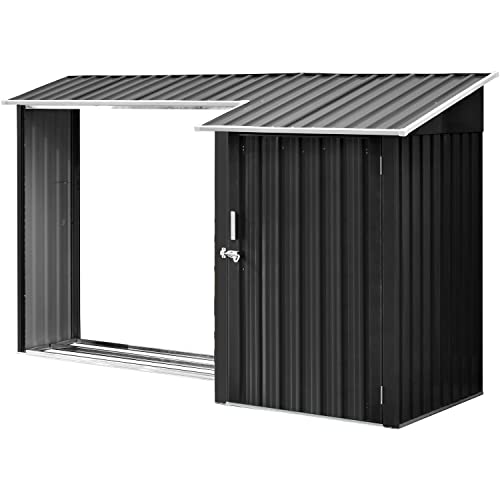 Hanover 2-in-1 Multi-Use Dark Gray Outdoor Metal and Steel Single Door Shed with Firewood Storage Compartment up to 42 Cu.Ft. Rust, Corrosion and UV Resistant, Raised Base and Sloped Roof Design