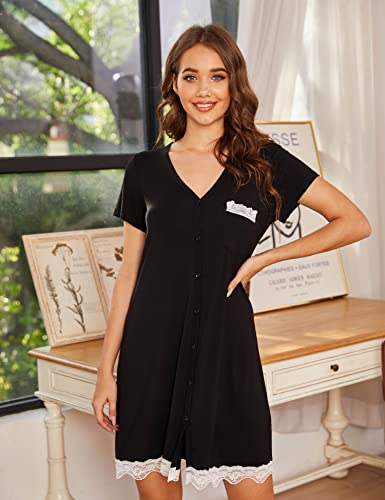 Ekouaer Night Gown Soft V Neck Dress Sleepwear Short Sleeve Button Up Nightgowns