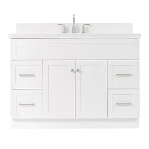 ariel 49" white bathroom vanity with 1.5" edge pure white quartz countertop & splash, rectangular sink, 2 soft closing doors, 4 full extension dovetail drawers, built in toe kick, brushed nickel