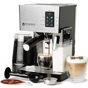 espresso machine, latte & cappuccino maker- 10 pc all-in-one espresso maker with milk steamer (incl: coffee bean grinder, 2 cappuccino & 2 espresso cups, spoon/tamper, portafilter w/ single & double shot filter baskets), 1250w, (silver)