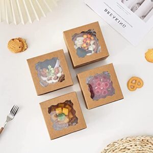 Moretoes 30 Pack Mini Cookie Boxes 4 Inch Bakery Boxes with 66ft Twine Small Brown Kraft Cake Boxes with Window for Cupcakes, Pies, Donuts（4x4x2.5 Inch）