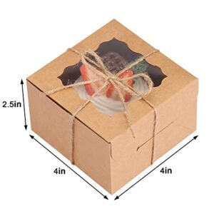 Moretoes 30 Pack Mini Cookie Boxes 4 Inch Bakery Boxes with 66ft Twine Small Brown Kraft Cake Boxes with Window for Cupcakes, Pies, Donuts（4x4x2.5 Inch）