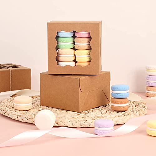 Moretoes 30 Pack Mini Cookie Boxes 4 Inch Bakery Boxes with 66ft Twine Small Brown Kraft Cake Boxes with Window for Cupcakes, Pies, Donuts（4x4x2.5 Inch）