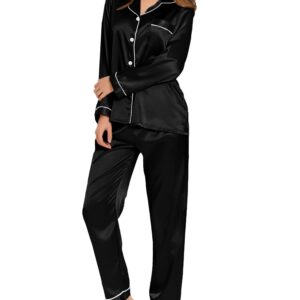 SWOMOG Womens Silk Satin Pajamas Long Sleeve Loungewear Two-piece Sleepwear Button-Down Pj Set Black