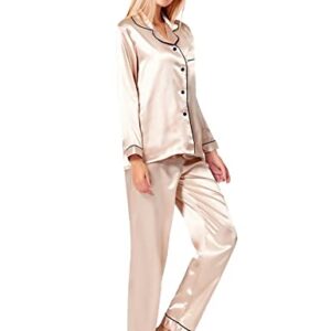 SWOMOG Womens Silk Satin Pajamas Long Sleeve Loungewear Two-piece Sleepwear Button-Down Pj Set Champagne