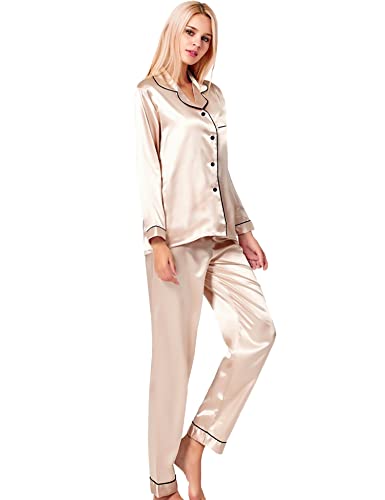 SWOMOG Womens Silk Satin Pajamas Long Sleeve Loungewear Two-piece Sleepwear Button-Down Pj Set Champagne