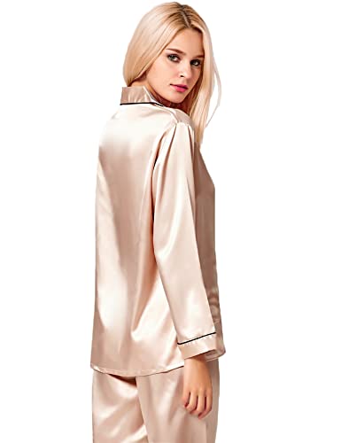 SWOMOG Womens Silk Satin Pajamas Long Sleeve Loungewear Two-piece Sleepwear Button-Down Pj Set Champagne