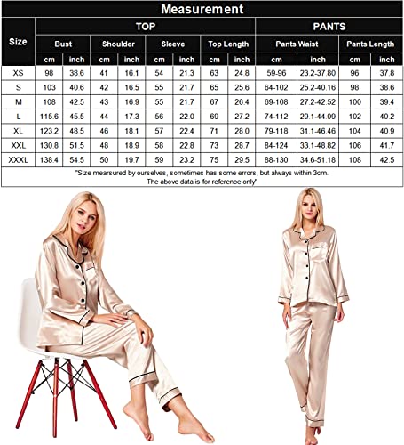 SWOMOG Womens Silk Satin Pajamas Long Sleeve Loungewear Two-piece Sleepwear Button-Down Pj Set Champagne