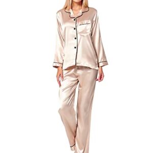 SWOMOG Womens Silk Satin Pajamas Long Sleeve Loungewear Two-piece Sleepwear Button-Down Pj Set Champagne