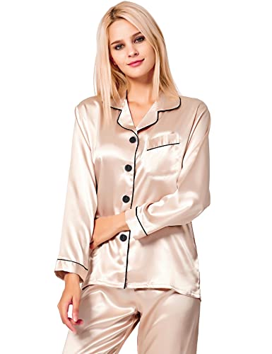 SWOMOG Womens Silk Satin Pajamas Long Sleeve Loungewear Two-piece Sleepwear Button-Down Pj Set Champagne