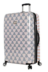 betsey johnson 30 inch checked luggage collection - expandable scratch resistant (abs + pc) hardside suitcase - designer lightweight bag with 8-rolling spinner wheels (chevron hearts)