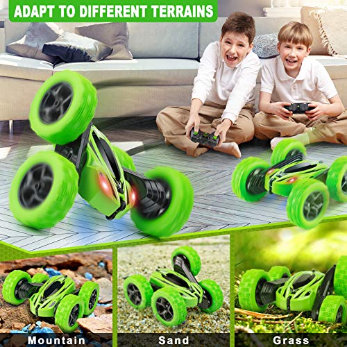 ORRENTE Remote Control Car, RC Cars Stunt Car Toy, 4WD 2.4Ghz Double Sided 360° Rotating RC Car with Headlights, Kids Xmas Toy Cars for Boys/Girls (Green)