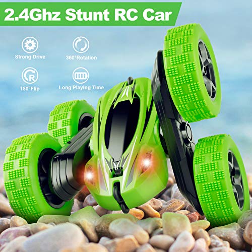 ORRENTE Remote Control Car, RC Cars Stunt Car Toy, 4WD 2.4Ghz Double Sided 360° Rotating RC Car with Headlights, Kids Xmas Toy Cars for Boys/Girls (Green)