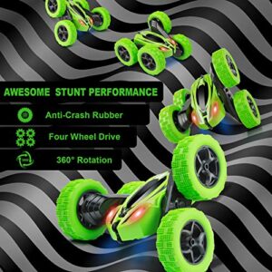 ORRENTE Remote Control Car, RC Cars Stunt Car Toy, 4WD 2.4Ghz Double Sided 360° Rotating RC Car with Headlights, Kids Xmas Toy Cars for Boys/Girls (Green)