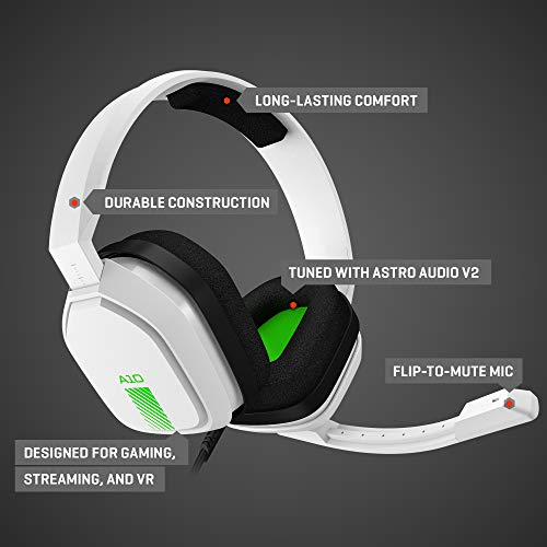 ASTRO Gaming A10 Wired Gaming Headset, Lightweight and Damage Resistant, ASTRO, 3.5 mm Audio Jack, for Xbox Series X|S, Xbox One, PS5, PS4, Nintendo Switch, PC, Mac- White/Green