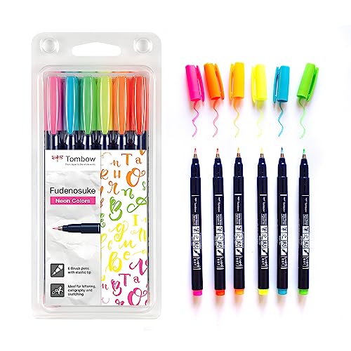 Tombow Fudenosuke Hard Tip Brush Pens (Set of 6) - Neon Colours