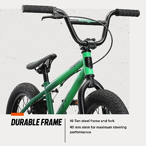 Mongoose Legion L16 Kids Freestyle Sidewalk BMX Bike, Beginner Riders, 16-inch Wheels, Hi-Ten Steel Frame, Micro Drive 25x9T BMX Gearing, Green