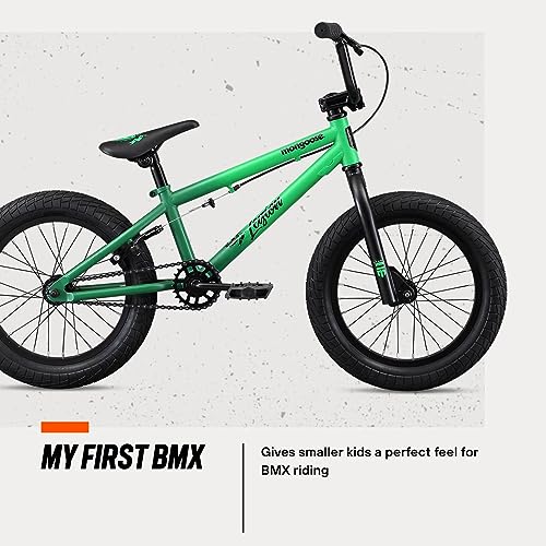 Mongoose Legion L16 Kids Freestyle Sidewalk BMX Bike, Beginner Riders, 16-inch Wheels, Hi-Ten Steel Frame, Micro Drive 25x9T BMX Gearing, Green