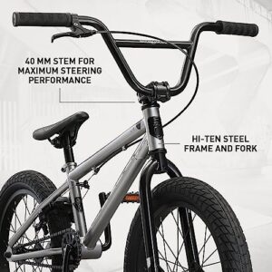 Mongoose Legion L18 Kids Freestyle Sidewalk BMX Bike, Beginner Riders, 18-inch Wheels, Hi-Ten Steel Frame, Micro Drive 25x9T BMX Gearing, Silver