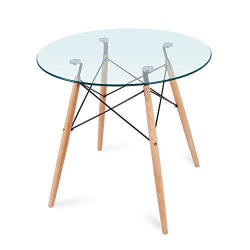 Nidouillet Round Glass Dining Table, Coffee Desk with 4 Beech Wood Legs for Kitchen Living Room AB053