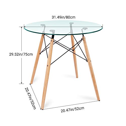 Nidouillet Round Glass Dining Table, Coffee Desk with 4 Beech Wood Legs for Kitchen Living Room AB053