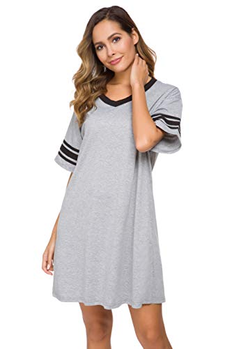 Vslarh Women's Nightgown, Cotton Sleep Shirt V Neck Nightshirts Short Sleeve Loose Comfy Pajamas Dress Casual Sleepwear (Gray, XXL)