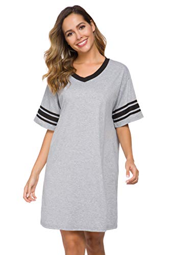 Vslarh Women's Nightgown, Cotton Sleep Shirt V Neck Nightshirts Short Sleeve Loose Comfy Pajamas Dress Casual Sleepwear (Gray, XXL)