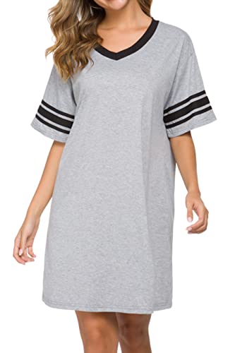 Vslarh Women's Nightgown, Cotton Sleep Shirt V Neck Nightshirts Short Sleeve Loose Comfy Pajamas Dress Casual Sleepwear (Gray, XXL)