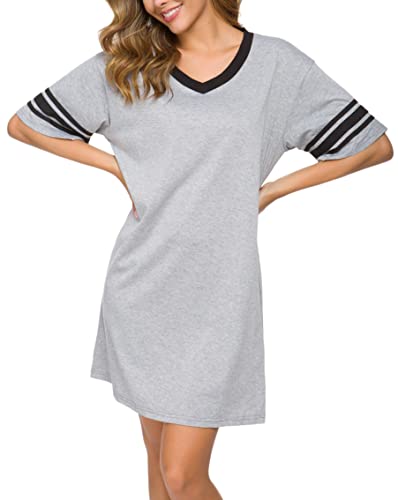 Vslarh Women's Nightgown, Cotton Sleep Shirt V Neck Nightshirts Short Sleeve Loose Comfy Pajamas Dress Casual Sleepwear (Gray, XXL)
