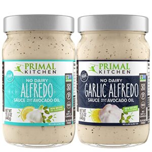 primal kitchen no dairy alfredo sauce two-pack, keto certified and certified paleo, includes 1 traditional and 1 garlic alfredo sauce