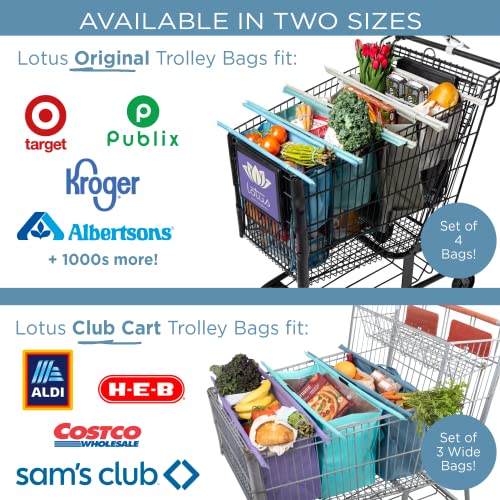 Lotus Trolley Bags -set of 4 -w/LRG COOLER Bag & Egg/Wine holder! Reusable Grocery Cart Bags sized for USA. Washable Eco-friendly 4-Bag Grocery Tote. (Earth Tones)