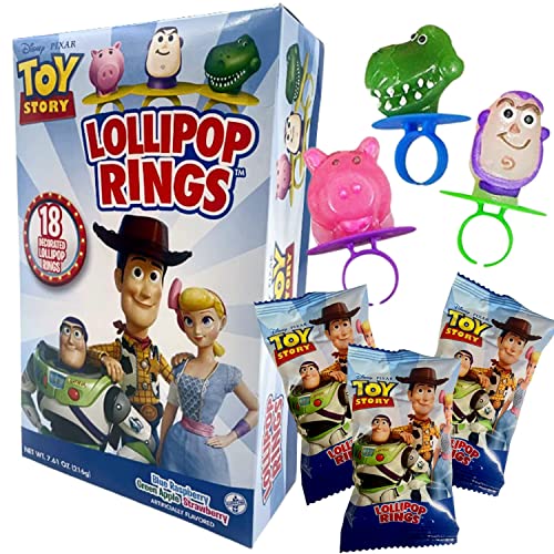 Toy Story Individually Wrapped Lollipop Rings Birthday Party Supplies, Buzz Lightyear, Rex, and Hamm, Character Shaped Suckers, Pack of 18