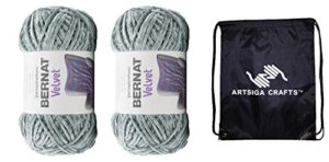 bernat knitting yarn velvet smokey green 2-skein factory pack (same dyelot) 161032-32025 bundle with 1 artsiga crafts project bag
