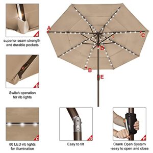 EliteShade USA 10-Year-Non-Fading Sunumbrella Solar 9ft 3 Tiers Market Umbrella with 80 LED Lights Patio Umbrellas Outdoor Table with Ventilation,Heather Beige