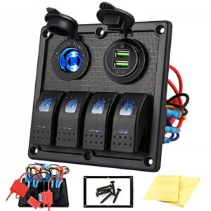 kohree 4 gang marine boat rocker switch panel, 12v waterproof led lighted toggle switches fuse breaker protected control with qc3.0 usb power outlet for car boat rv scooter truck vehicles